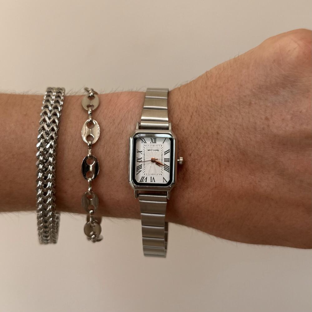 Y2K Silver Rectangle Quartz Watch with Roman Dial Unisex 8.5" New